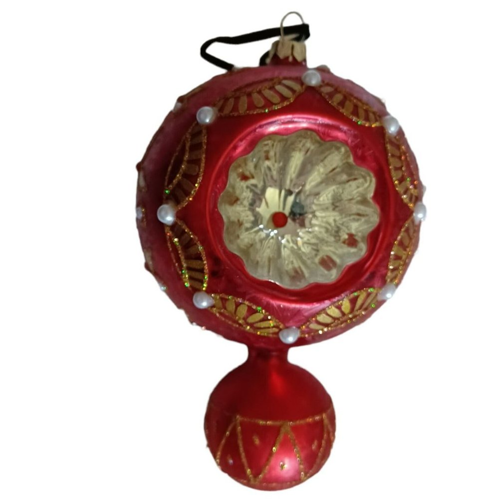 Vtg 2 Christmas Ornaments Indentd Facetd Blown Glass Red w/Gold Collectables - Picture 2 of 4